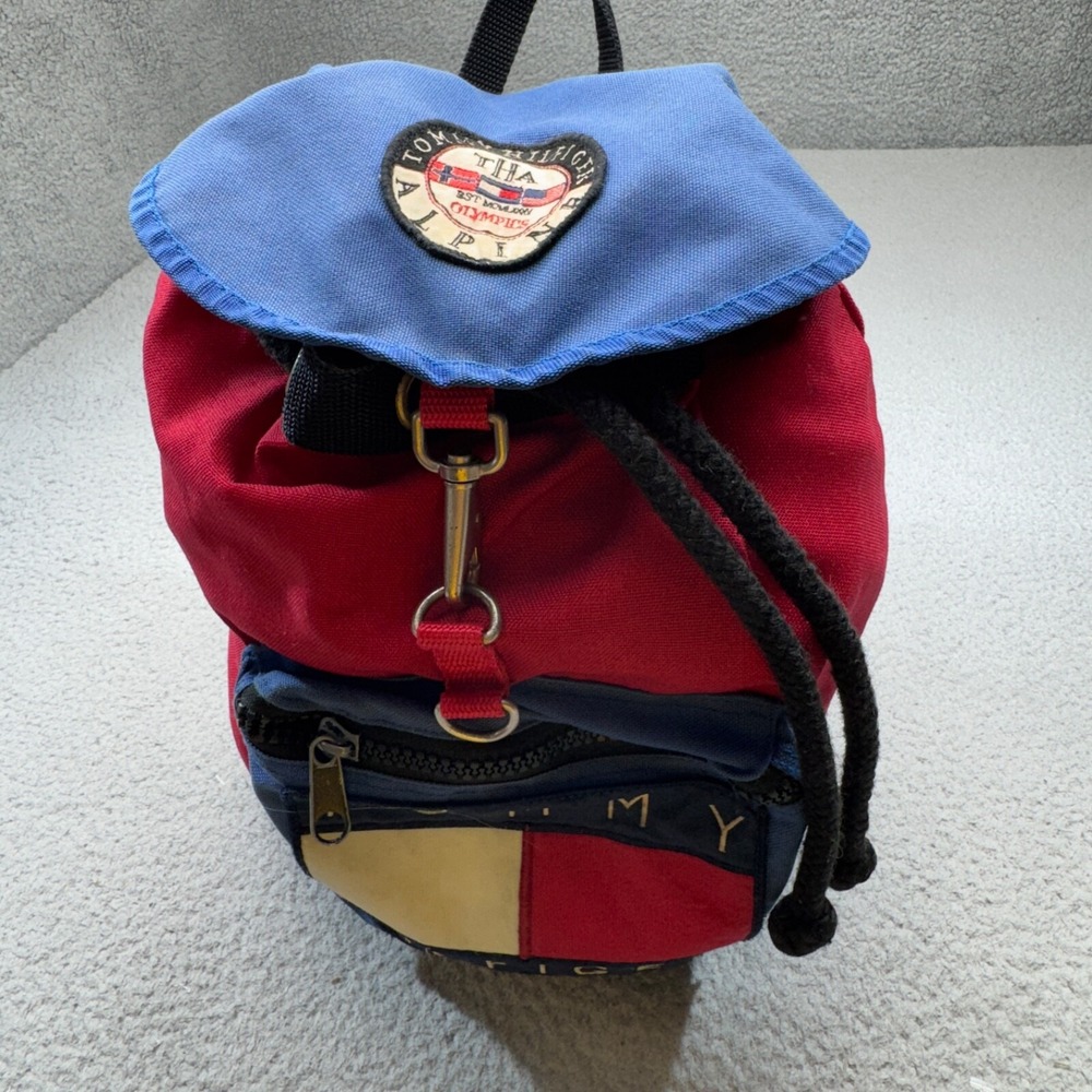 VINTAGE Tommy Hilfiger Backpack Red Blue 90s Alpine Olympics Patch Cinch Canvas